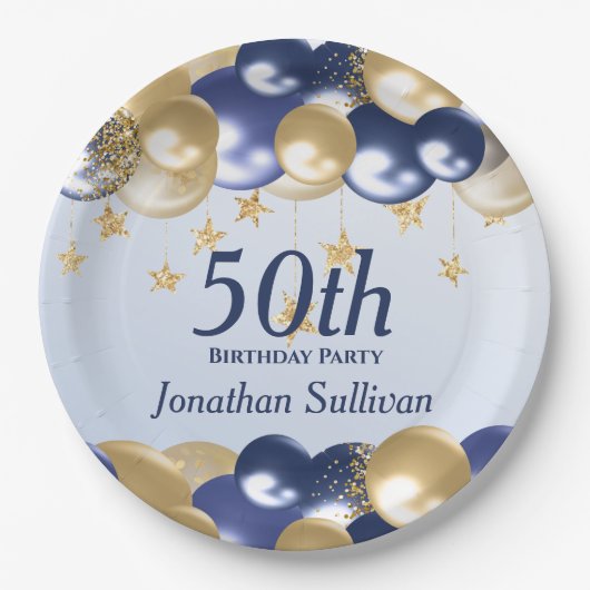50th Birthday Navy Gold Balloons Party ペーパープレート (正面)
