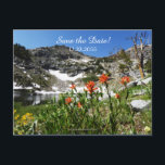 50th Birthday Partyの保存 案内ポストカード<br><div class="desc">氷の湖とカラフルの山花が美しい山の風景の私たちの写真は飾、この50誕生日"日付を保存"はがき発表。背景が青い場合はレタリングが白い。非常エレガントに上品だ！名前、イベントタイプ、日付などの文字を簡単に変更できる。オリジナル写真：Alan Socolik、ネバダでのハイキング。All Rights Reserved © 2015 Alan & Marcia Socolik.</div>