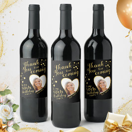 50th Birthday Partyフォトブラック&金ゴールドありがとう ワインラベル