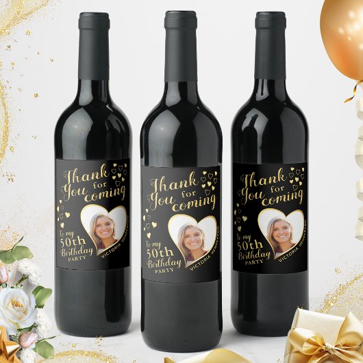 50th Birthday Partyフォトブラック&金ゴールドありがとう ワインラベル