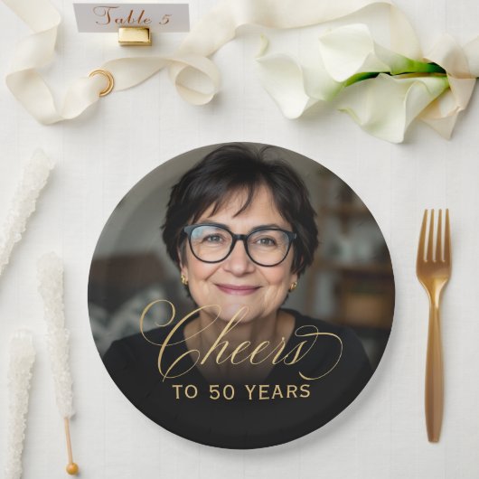 50th Birthday Partyフォト金ゴールドスクリプト応援 ペーパープレート (ウェディング)
