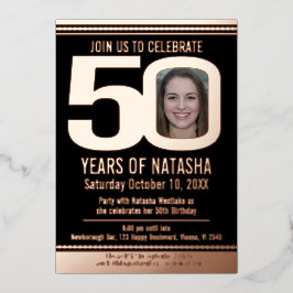 50th Birthday partyブラックとバラ金ゴールドフォイル写真 箔招待状
