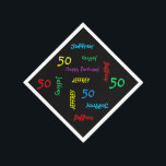 50th Birthday Party繰り返し名前，ブラック紙 スタンダードカクテルナプキン<br><div class="desc">50歳の誕生日パーティパーソナライズされたーやその他の大事な行事のための素晴らしい、紙のナプキン。NameとAgeは黒い背景の違うフォントと原色で繰り返される。パーソナライズする簡単 – 名前、年齢、大事な行事を1か所で変更。最大9個の名前をサポートキャラクター。カラフルとおもしろい誕生日パーティー紙ナプキン。All Rights Reserved © 2014 Alan & Marcia Socolik.</div>