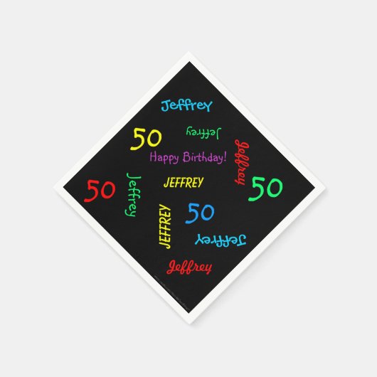 50th Birthday Party繰り返し名前,ブラック紙 スタンダードカクテルナプキン (角)