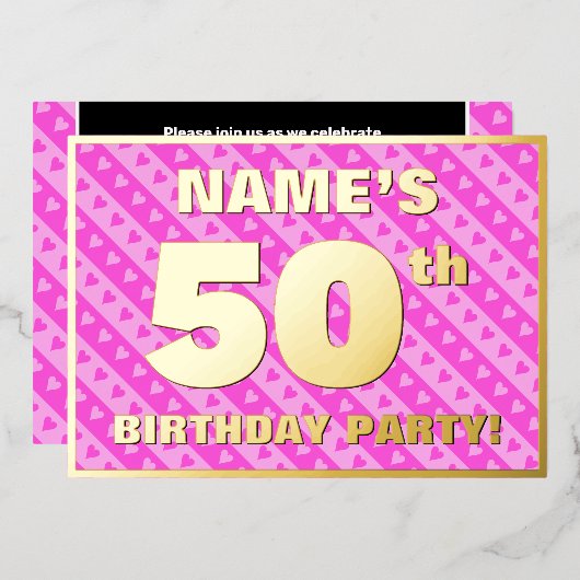 50th Birthday Party —おもしろいピンクのハートとストライプ 箔招待状 (正面/裏面)