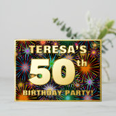 50th Birthday Party —おもしろい、カラフルFireworks Look 箔招待状 (立ち正面)