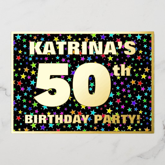 50th Birthday Party —おもしろい、スターカラフルズ・パターン 箔招待状 (正面)