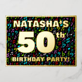 50th Birthday Party —おもしろい、音楽カラフル記号 箔招待状 (正面)
