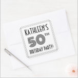 50th Birthday Party:アールデコスタイル 名前をカスタムする スクエアシール<br><div class="desc">1920年代エレガント-1930年代のスタイル50の誕生祝いスクエアデザインはインスパイア、カスタマイズ可能な名前、複雑な画調の数数「50th」、メッセージ「BIRTHDAY PARTY!」、そしてラインを備えたスクエアを備えている。50歳の誕生日の時に祝このようなシールが使われるかもしれない。[～Z0000618]</div>