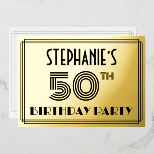50th Birthday Party —アールデコスタイル「50」 & Name 箔招待状 (正面/裏面)