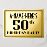 50th Birthday Party:アールデコ「50」と名前 箔招待状<br><div class="desc">1920年代エレガント-1930年代のスタイル50年の誕生祝い箔の招待デザインの前には、編集可能な名インスパイア前、芸術デコの外観「50th」、メッセージ「BIRTHDAY PARTY」、メッセージとラインを含むメッセージの数数インスパイア「50th」。背面にはパーソナライズされた、イベントに関する詳細（場所、日付、時刻、その他の有用な情報など）が表示される。まスタイリッシュたパーソナライズされた、50歳の誕生日のお祝いで開催される招待状会やパーティーへの参加者やゲストの招待状に、このような豪華で豪華なが使われるかもしれない。[～Z0000606]</div>