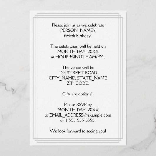 50th Birthday Party – スクリプエレガントト+名前をカスタムする 箔招待状 (裏面)