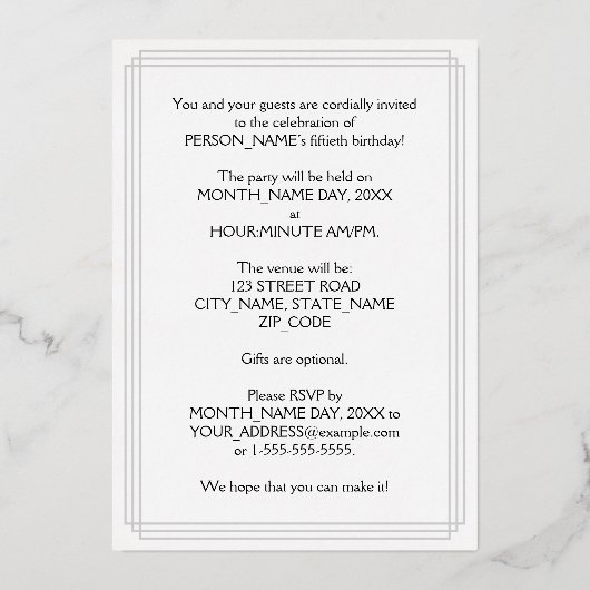 50th Birthday Party – スクリプファンシートと名前をカスタムする 箔招待状 (裏面)