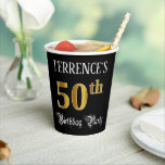 50th Birthday Party – スクリプファンシート、フェイク金ゴールド・ルック 紙コップ<br><div class="desc">豪華で華やかな誕生日紙カップデザインは、カスタマイズ可能な名前とメッセージ"50th Birthday Party"を備えている。50番目の大きな数字はフェイク/模倣金ゴールドの着色パターンを持ち、「バースデーパーティー」という言葉はスクリプインスパイアトスタイル文字で表され、背景は黒で表されます(デフォルトで表す場合も可カスタマイズ能)。華美ファンシー紙カップは50歳の誕生日のお祝いで開催される誕生日パーティーやお祝いで使われるかもしれない。[～Z0000567]</div>