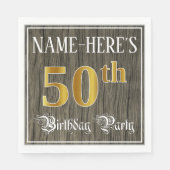 50th Birthday Party — フェイク金ゴールド&ウッドフェイク・ルックス スタンダードランチョンナプキン (正面)