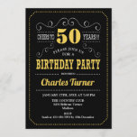 50th Birthday Party – ブラック金ゴールドホワイト 招待状<br><div class="desc">第50回バースデーパーティーへの招待。黒エレガント、金ゴールド、白レトロデザインと黒板パターンとスクリプトフォント。応援50年！メッセージもしの詳細なカスタマイズが必要。</div>