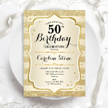 50th Birthday Party -金ゴールド招待状 招待状<br><div class="desc">第50回バースデーパーティーへの招待。デザインエレガント金ゴールド。機能フェイクグリッターストライプ金ゴールドスタイリッシュ、スクリプトフォント、紙吹雪。グラム誕生祝い。</div>