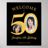 50th birthday party 2 photo black gold welcome ポスター (正面)