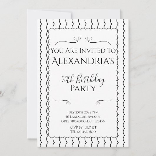 50th Birthday Party Black and White Wavy Lines 招待状 (正面)