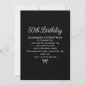 50th Birthday Party Black White Pearl Script Bow 招待状 (正面)