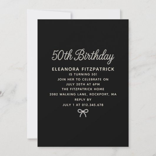 50th Birthday Party Black White Pearl Script Bow 招待状 (正面)
