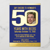 50th Birthday party blue gold foil photo beer  箔招待状 (正面)