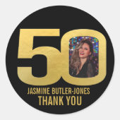 50th birthday party custom photo gold favor ラウンドシール (正面)