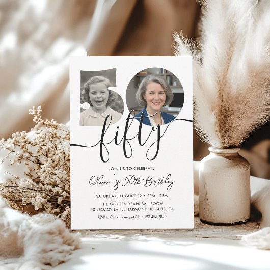 50th Birthday Party Elegant 2 Photo Birthday 招待状