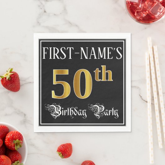 50th Birthday Party — Fancy Script, Faux Gold Look スタンダードランチョンナプキン (インサイチュ)