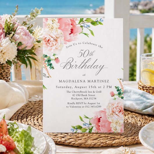 50th Birthday Party Feminine Pink Roses Floral 招待状