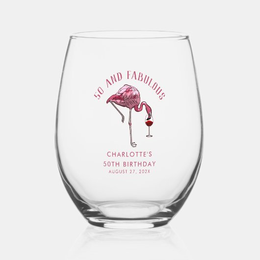 50th Birthday Party Flamingo Novelty Custom ステムなしワイングラス (正面)