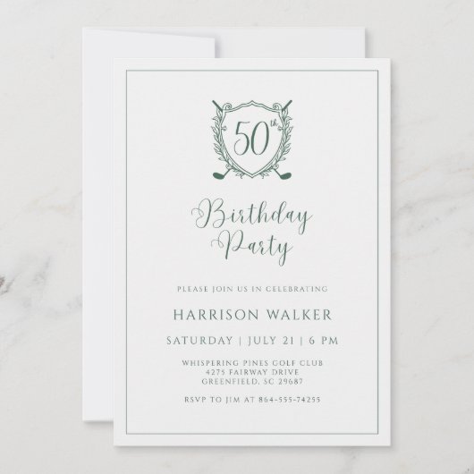 50th Birthday Party Golf Crest Elegant Script  招待状 (正面)