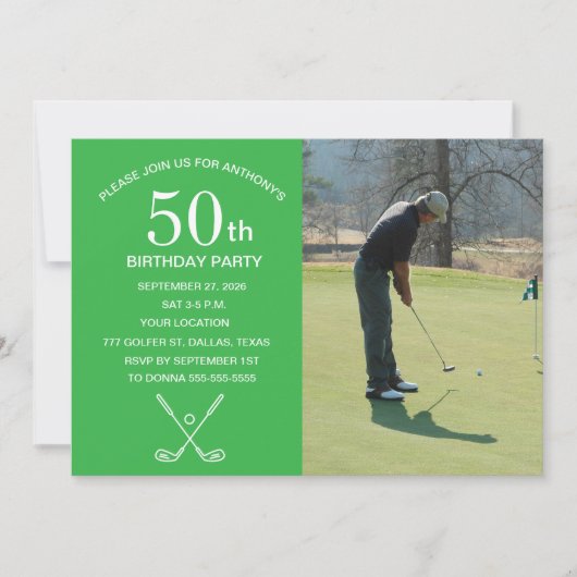 50th Birthday Party Golfer Green Par Golf Photo 招待状 (正面)