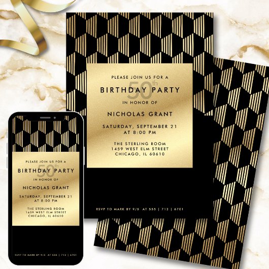 50th Birthday Party Modern Black and Gold Foil 招待状