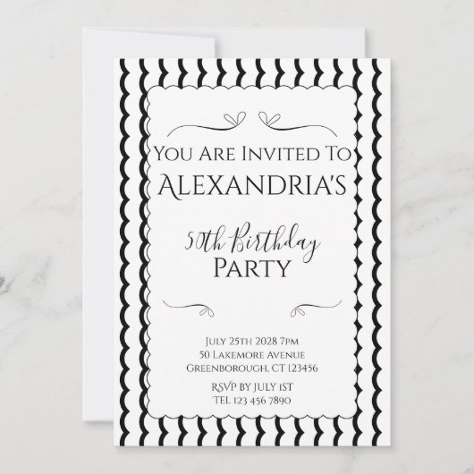 50th Birthday Party Modern Black and White 招待状 (正面)