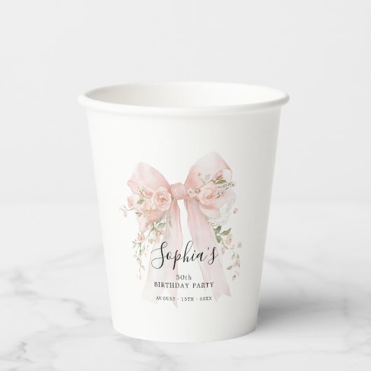 50th Birthday Party Pink Bow with Roses Custom 紙コップ (正面)