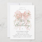 50th Birthday Party Pink Coquette Bow Rose Floral 招待状 (正面)