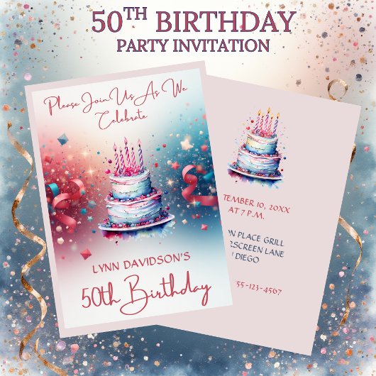 50th Birthday Party Pink Watercolor 招待状