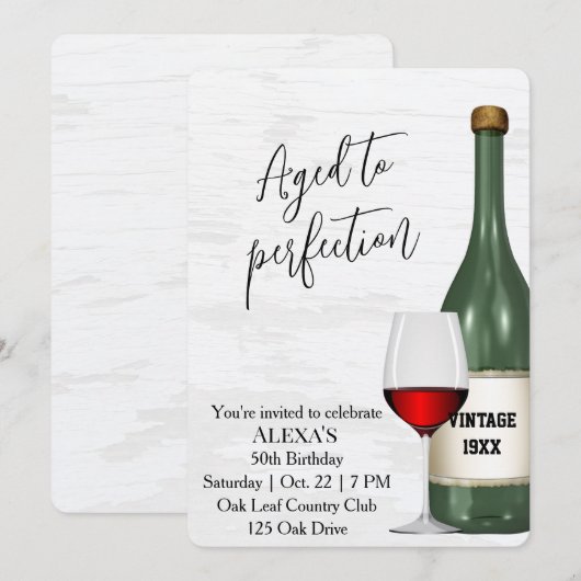 50th Birthday Party Red Wine Glass and Bottle 招待状 (正面/裏面)