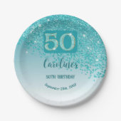 50th Birthday Party Sparkle Teal Blue Glitter ペーパープレート (正面)