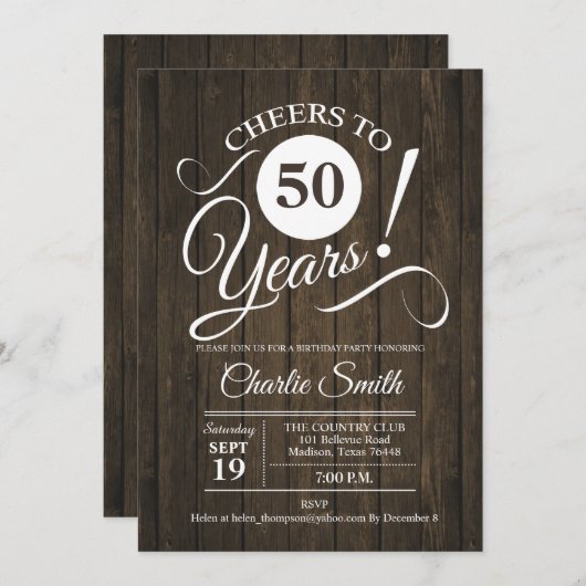 50th Birthday Party with Wood Pattern 招待状 (正面/裏面)