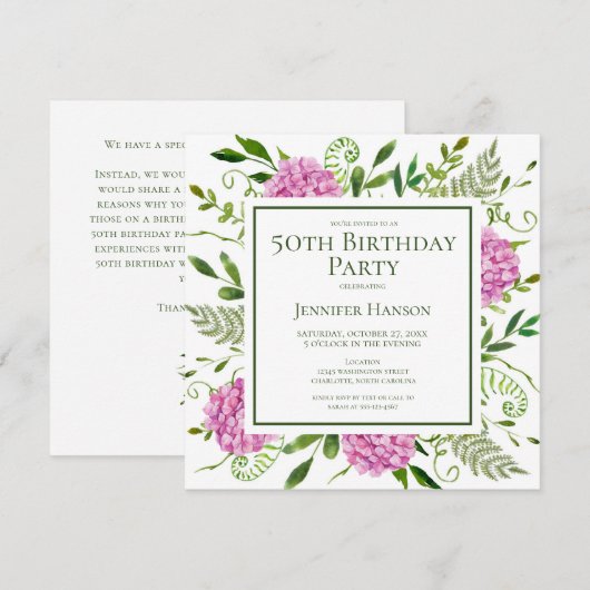 50th Birthday Pink Hydrangeas Card Request  招待状 (正面/裏面)