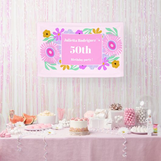 50th birthday pink modern cute floral chic Banner 横断幕 (パーティー)