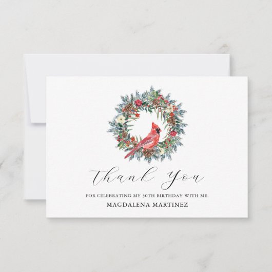 50th Birthday Red Cardinal Wreath Custom Flat サンキューカード (正面)