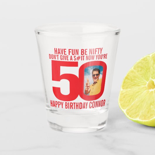 50th birthday red white photo funny shot glass  ショットグラス (正面)