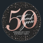 50th Birthday Rose Gold & Black Thank You ラウンドシール<br><div class="desc">Modern,  elegant 50th birthday party thank you favor stickers featuring number 50 in rose gold faux foil,  rose gold confetti and thank you typography script. Personalize further with a name.</div>