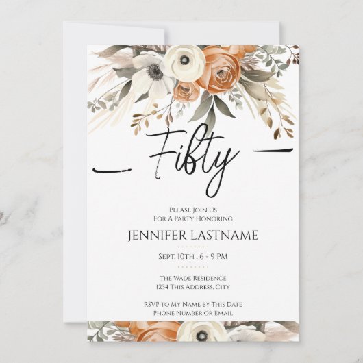 50th Birthday Rustic Floral Fall  招待状 (正面)