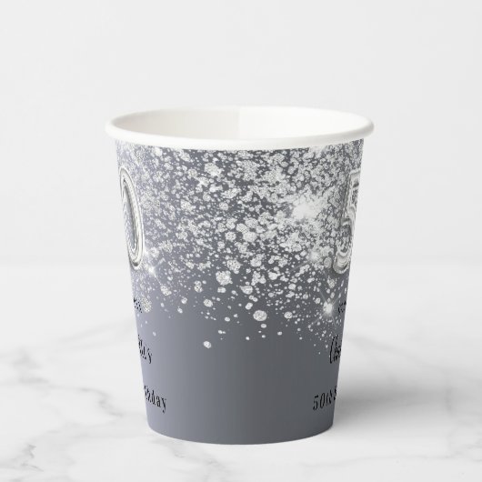 50th birthday silverグリッター名 紙コップ (左)