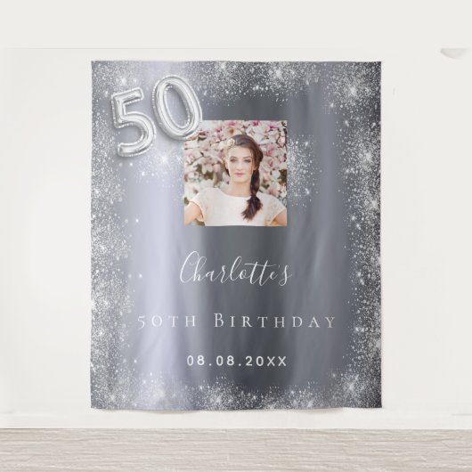 50th birthday silver photoグリッターへようこそ タペストリー (正面)