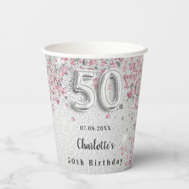 50th birthday silver pinkグリッター名 紙コップ